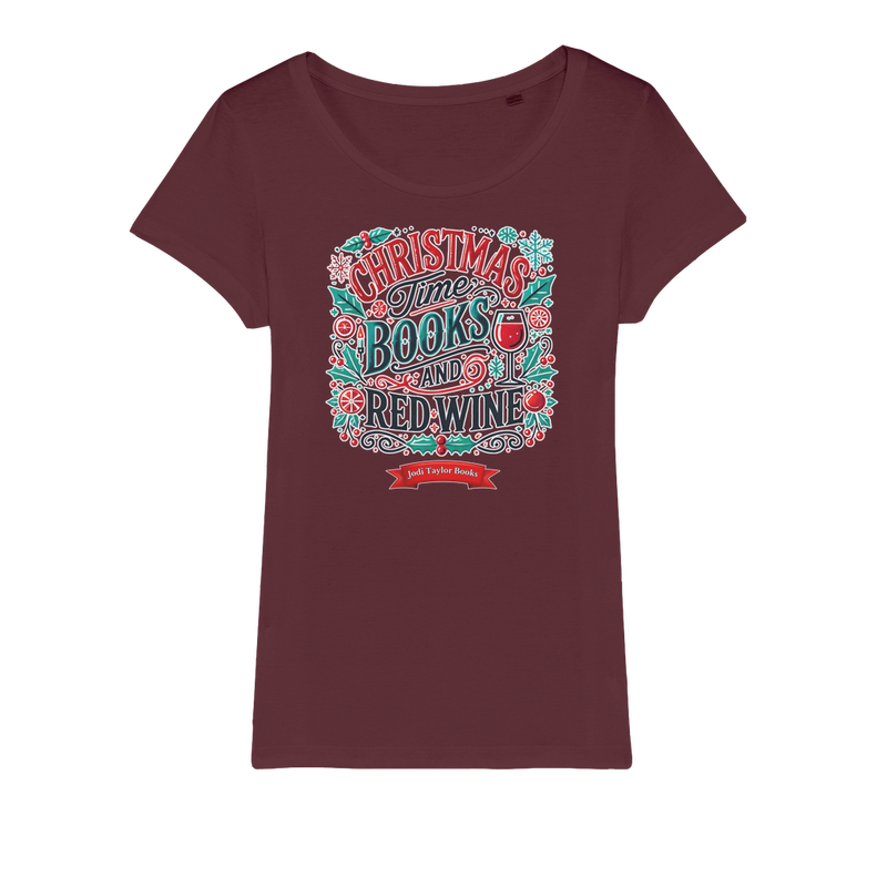 Christmas Time Books and Red Wine (UK) Organic Jersey Womens T-Shirt