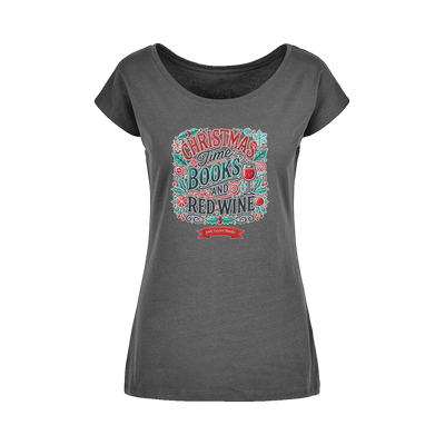 Christmas Time Books and Red Wine (UK) Wide Neck Womens T-Shirt XS-5XL