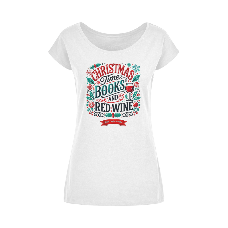 Christmas Time Books and Red Wine (UK) Wide Neck Womens T-Shirt XS-5XL