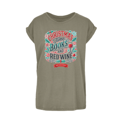 Christmas Time Books and Red Wine (UK) Women's Extended Shoulder T-Shirt XS-5XL