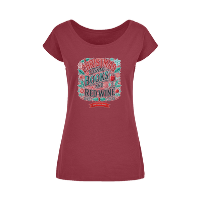 Christmas Time Books and Red Wine (UK) Wide Neck Womens T-Shirt XS-5XL