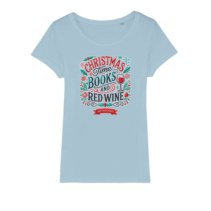 Christmas Time Books and Red Wine (UK) Organic Jersey Womens T-Shirt