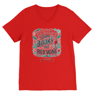 Christmas Time Books and Red Wine (UK) Classic V-Neck T-Shirt