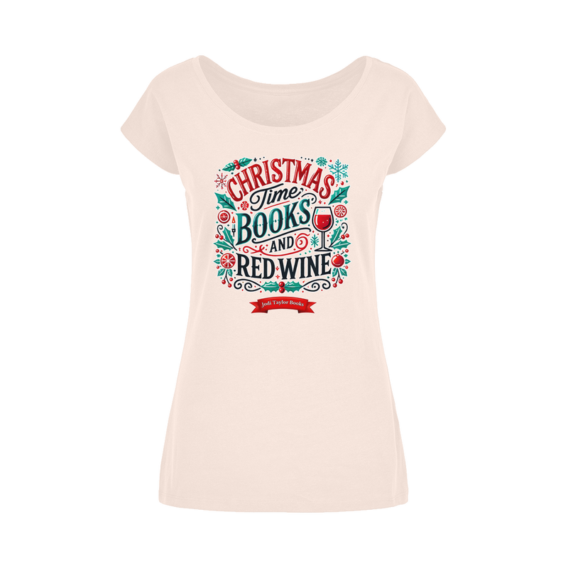 Christmas Time Books and Red Wine (UK) Wide Neck Womens T-Shirt XS-5XL