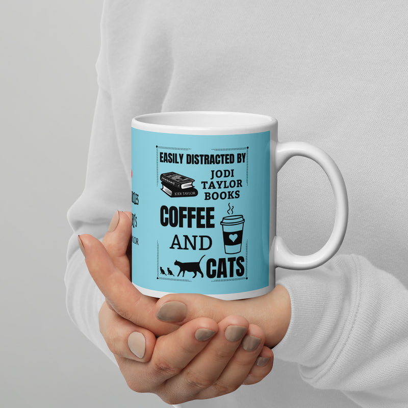 Easily Distracted by Jodi Taylor Books, Coffee and Cats Mug in Three Sizes (UK, Europe, USA, Canada and Australia)