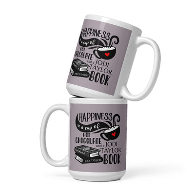 Happiness is a Cup of Hot Chocolate and a Jodi Taylor Book mug available in 3 sizes (UK, Europe, USA, Canada and Australia)